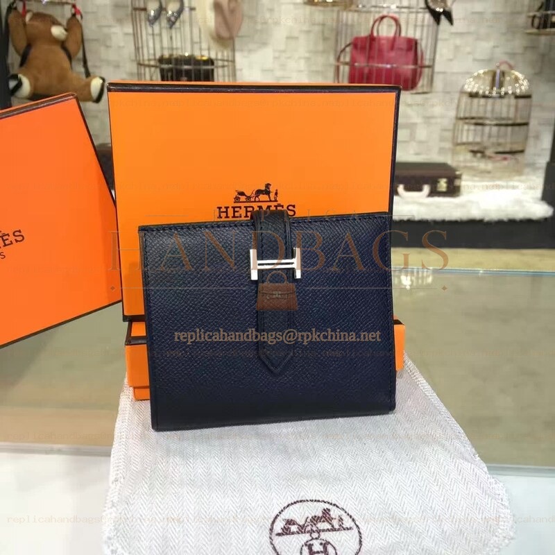 Replica Hermes Black Bearn Compact Wallet Silver Hardware