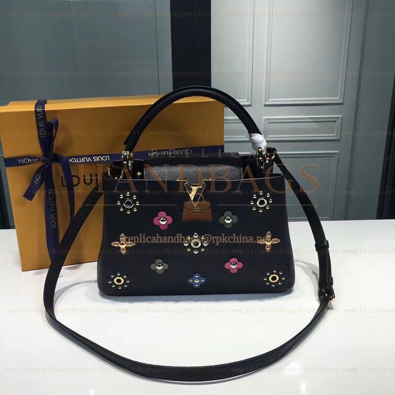 Replica Louis Vuitton Black Floral Studded Capucines BB