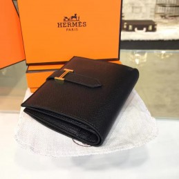 Replica Hermes Black Bearn Compact Wallet Silver Hardware