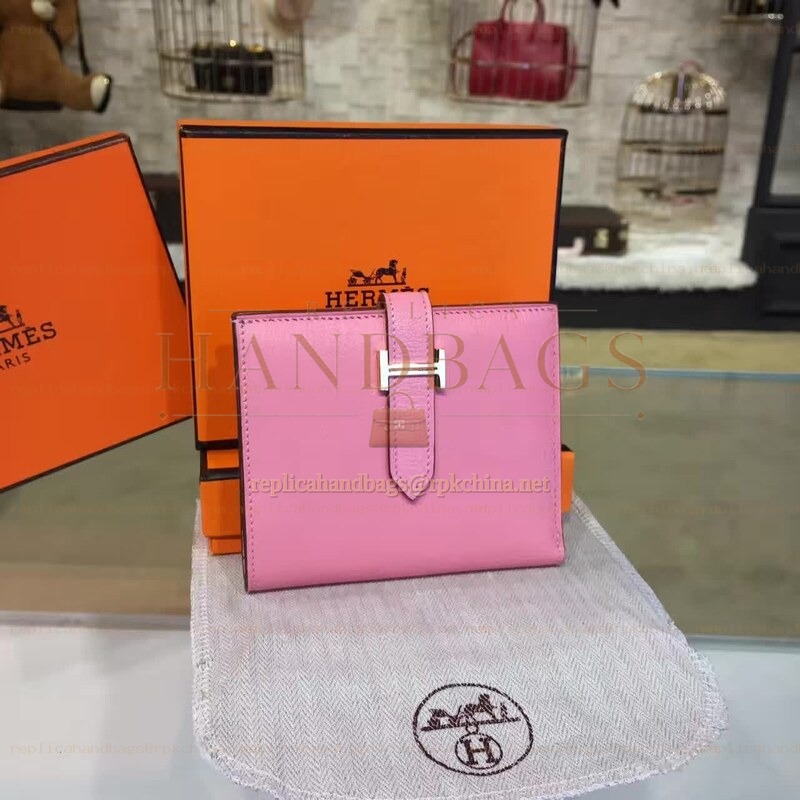 Replica Hermes Pink Bearn Compact Wallet Silver H Hardware