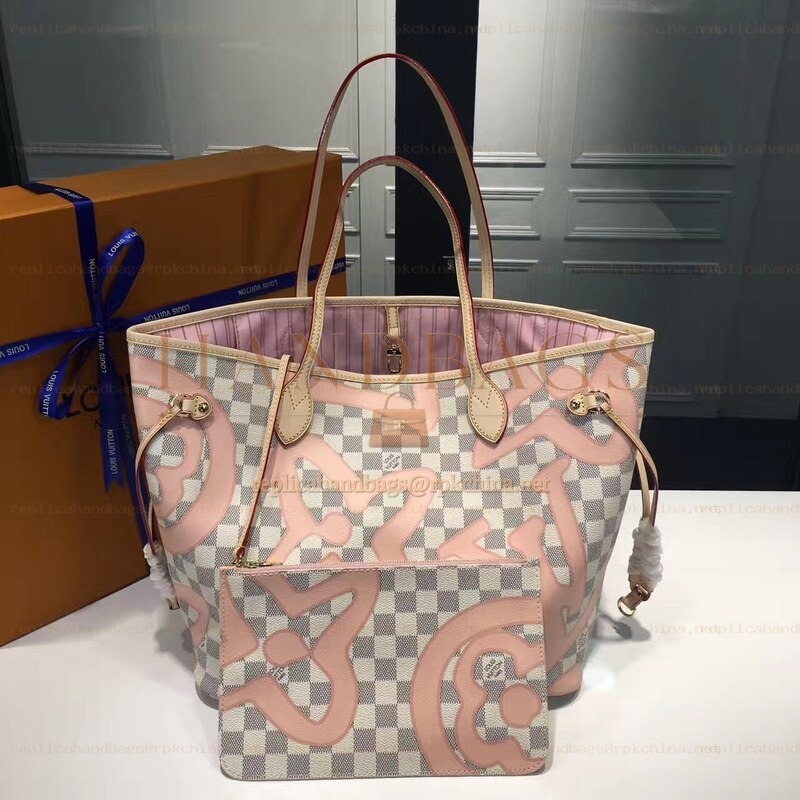 Replica Louis Vuitton White Damier Azur Pink Graphic Neverfull MM