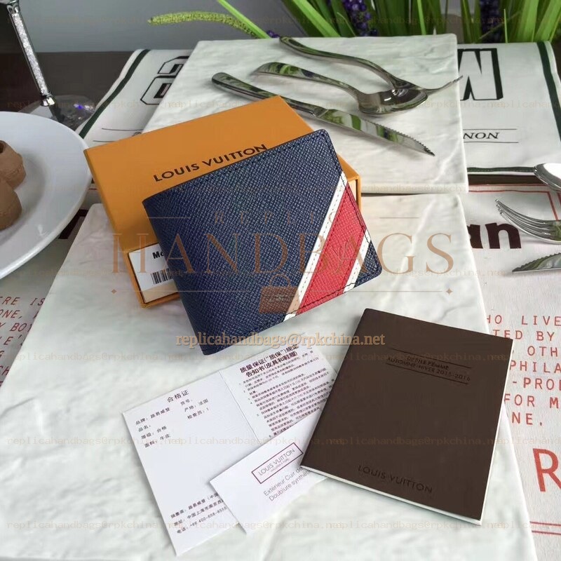 Replica Louis Vuitton Navy Blue Epi Leather Red White V Stripe Multiple Wallet
