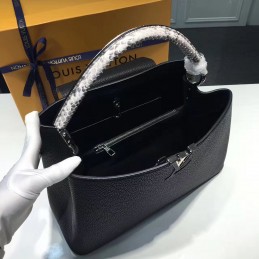 Replica Louis Vuitton Black Textured Silver Handle Capucines MM