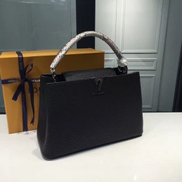 Replica Louis Vuitton Black Textured Silver Handle Capucines MM