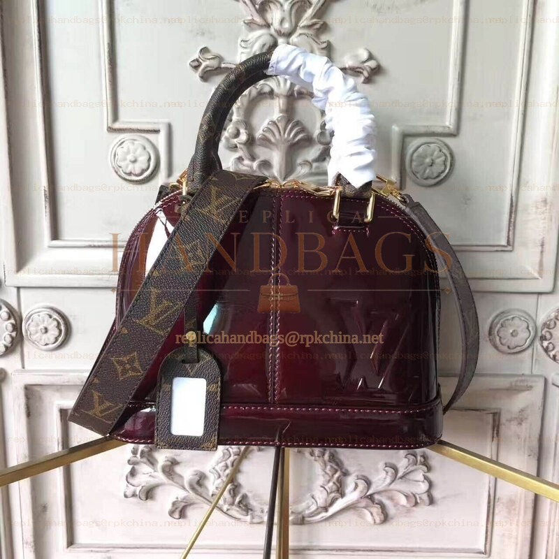 Replica Louis Vuitton Burgundy Patent Monogram Strap Alma BB