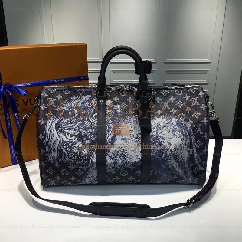 Replica Louis Vuitton Black Monogram Eclipse Lion Keepall Bandouliere 45