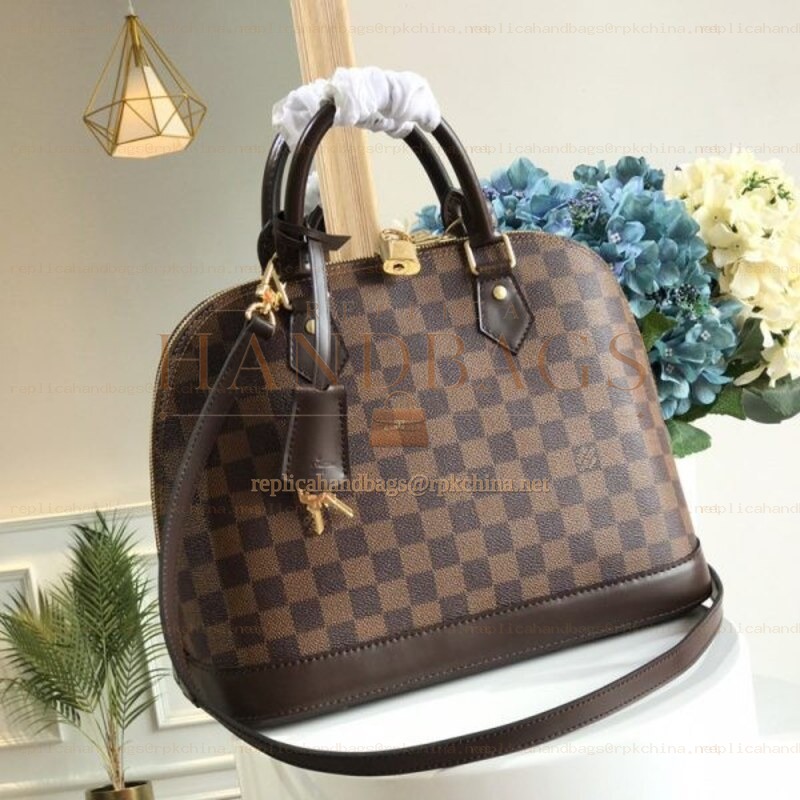 Replica Louis Vuitton Brown Damier Ebene Black Trim Alma PM
