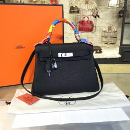 Replica Hermes Black Kelly 28 Blue Orange Handle Bag