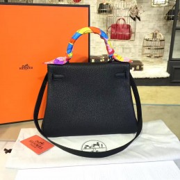 Replica Hermes Black Kelly 28 Blue Orange Handle Bag