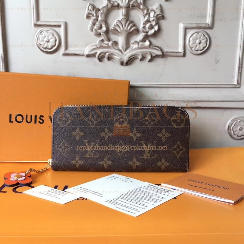 Replica Louis Vuitton Brown Monogram Orange Charm Clemence Wallet