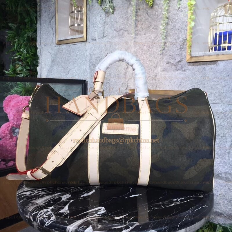 Replica Louis Vuitton Camouflage Supreme Keepall Bandouliere 45 White Straps