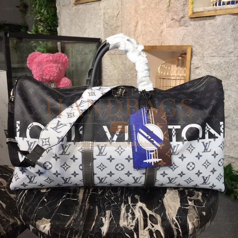 Replica Louis Vuitton White Savane Chapman Keepall Bandouliere 55