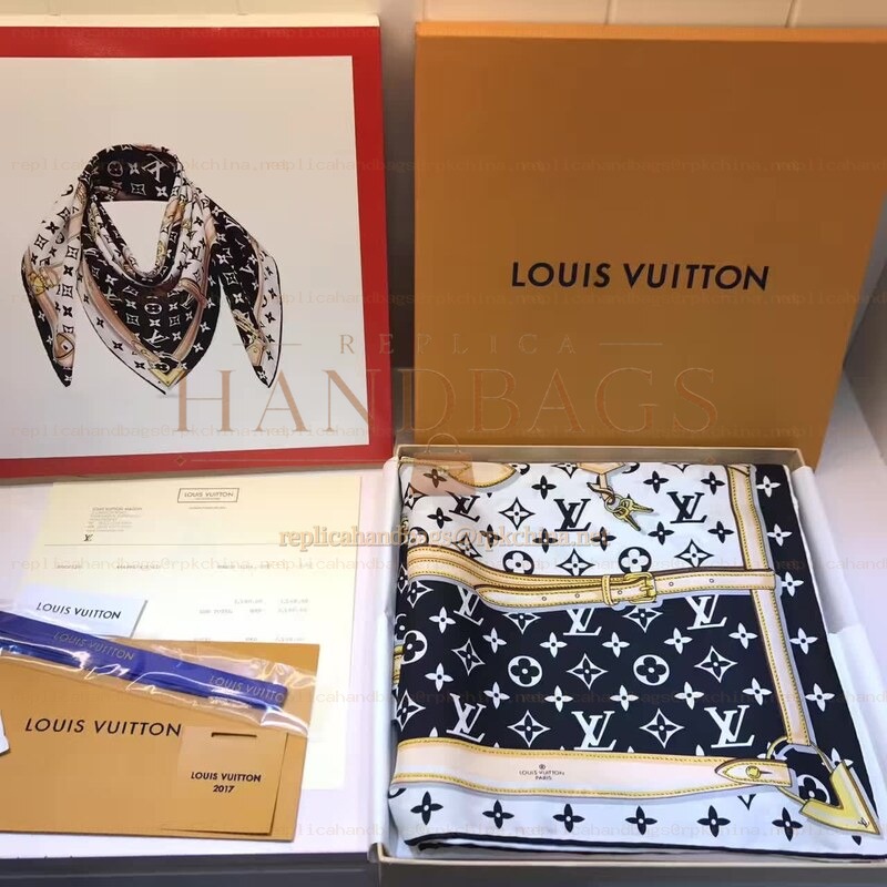 Replica Louis Vuitton White Black Gold Monogram Chain Print Scarf