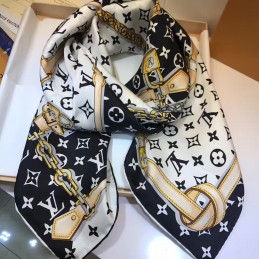 Replica Louis Vuitton White Black Gold Monogram Chain Print Scarf
