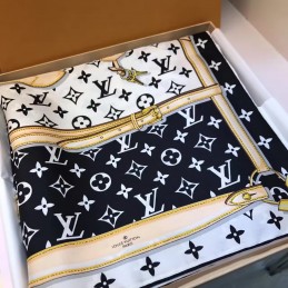 Replica Louis Vuitton White Black Gold Monogram Chain Print Scarf
