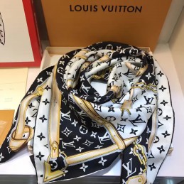 Replica Louis Vuitton White Black Gold Monogram Chain Print Scarf