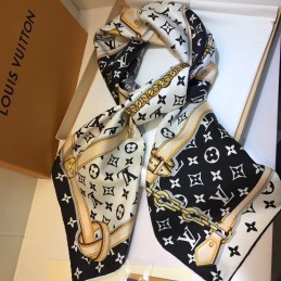 Replica Louis Vuitton White Black Gold Monogram Chain Print Scarf