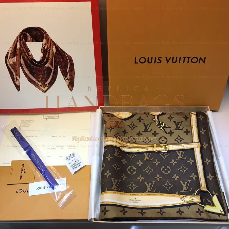 Replica Louis Vuitton Brown Gold Monogram Chain Print Scarf