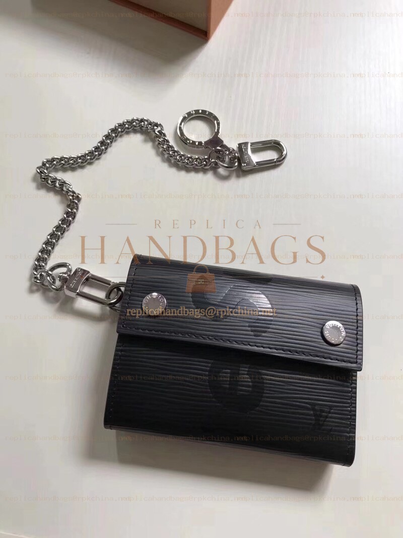 Replica Louis Vuitton Black Epi Leather Supreme Rivets Chain Compact Wallet