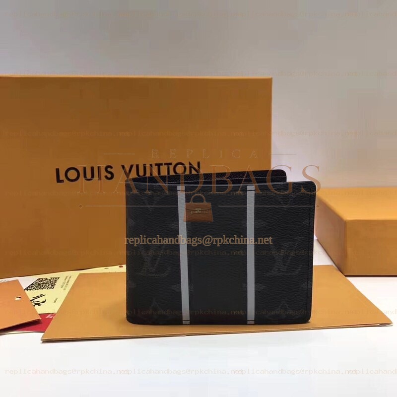 Replica Louis Vuitton Black Monogram Eclipse Gray Stripe Multiple Wallet