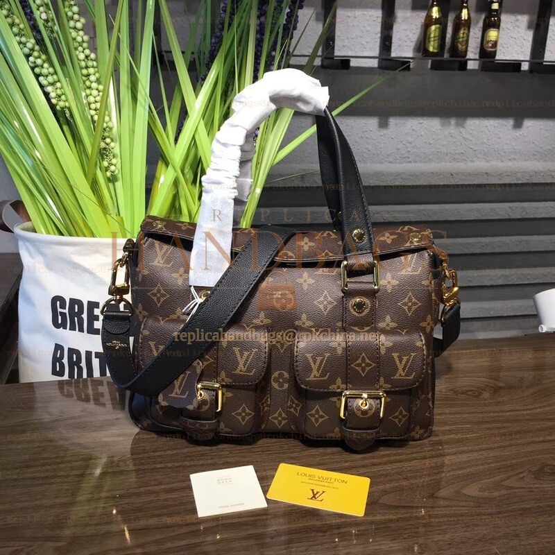 Replica Louis Vuitton Brown Monogram Black Trim Manhattan PM
