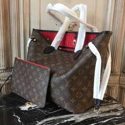Replica Louis Vuitton Brown Monogram Red Interior Neverfull MM - Style 2
