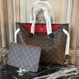 Replica Louis Vuitton Brown Monogram Red Interior Neverfull MM - Style 2