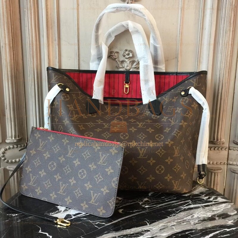 Replica Louis Vuitton Brown Monogram Red Interior Neverfull MM - Style 2