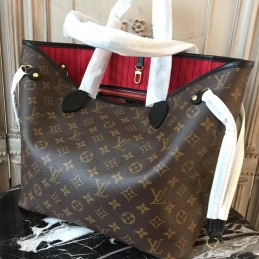Replica Louis Vuitton Brown Monogram Red Interior Neverfull MM - Style 2