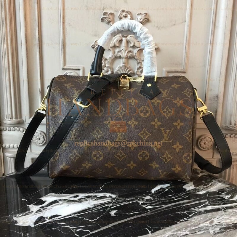 Replica Louis Vuitton Brown Monogram Black Trim Speedy 25