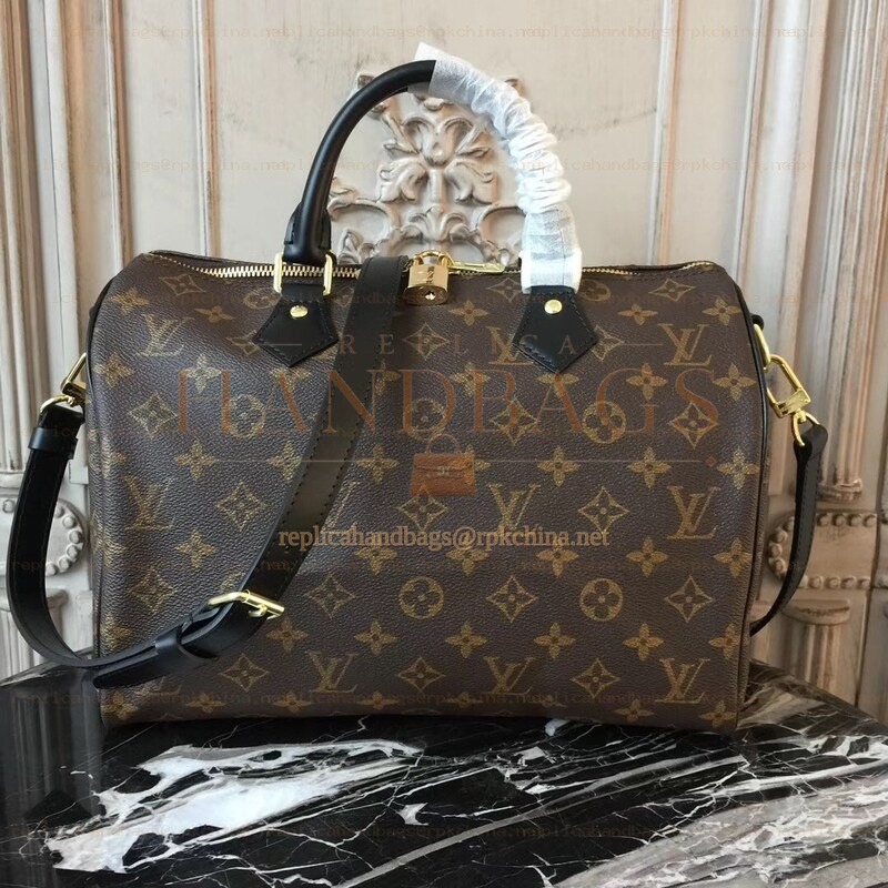 Replica Louis Vuitton Brown Monogram Black Trim Speedy 30