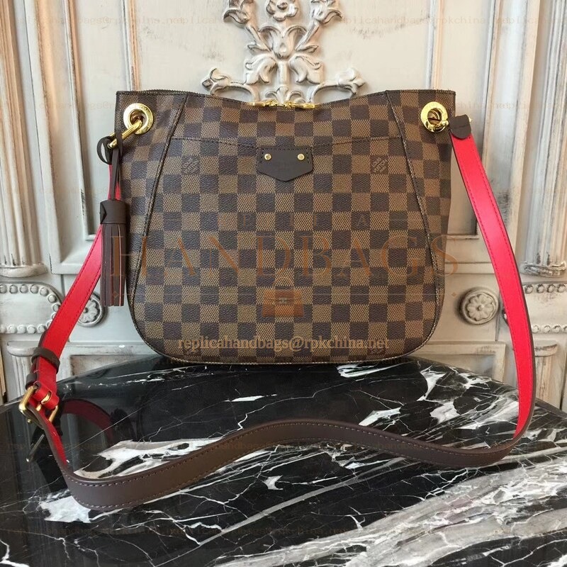 Replica Louis Vuitton Brown Damier Ebene Red Strap South Bank Besace
