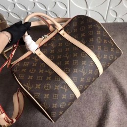 Replica Louis Vuitton Brown Monogram Supreme Keepall Bandouliere 45 White Straps