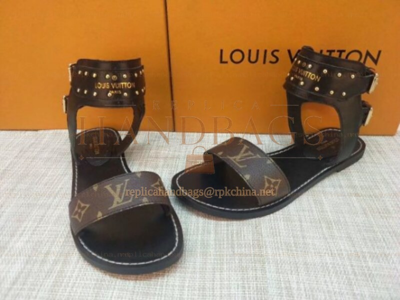 Replica Louis Vuitton Brown Monogram Black Studded Flat Sandals