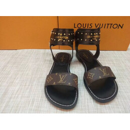 Replica Louis Vuitton Brown Monogram Black Studded Flat Sandals