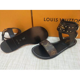 Replica Louis Vuitton Brown Monogram Black Studded Flat Sandals