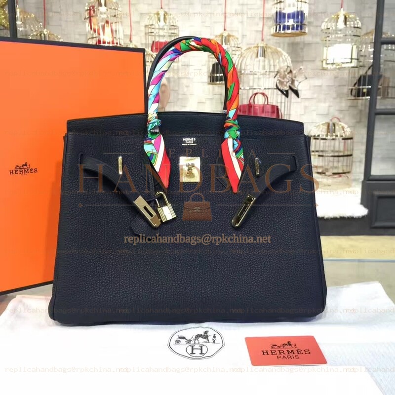Replica Hermes Black Twilly Handle Birkin 35 Gold Hardware Bag