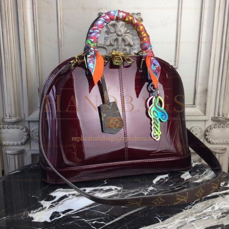 Replica Louis Vuitton Burgundy Patent Monogram Alma PM