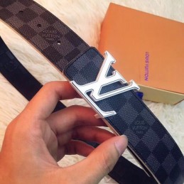 Replica Louis Vuitton Damier Graphite Silver LV Buckle Belt