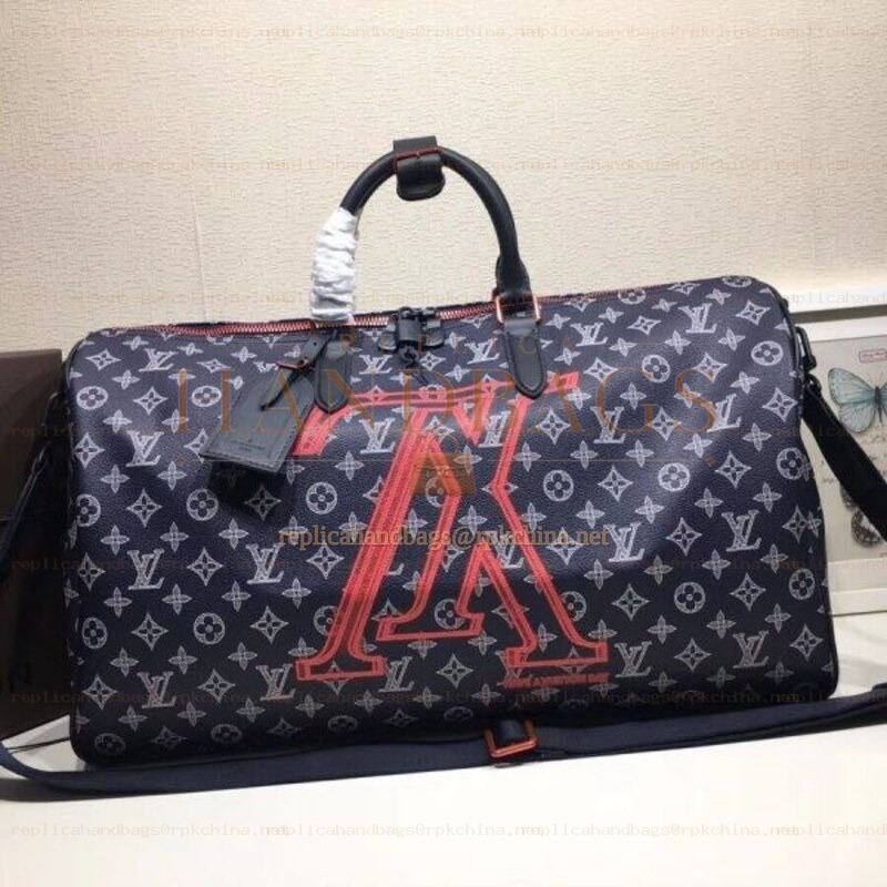 Replica Louis Vuitton Black Monogram Red LV Keepall Bandouliere 50