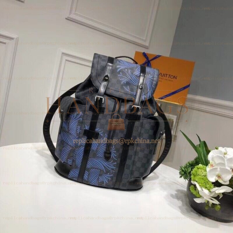 Replica Louis Vuitton Gray Monogram Blue Stripe Christopher Backpack