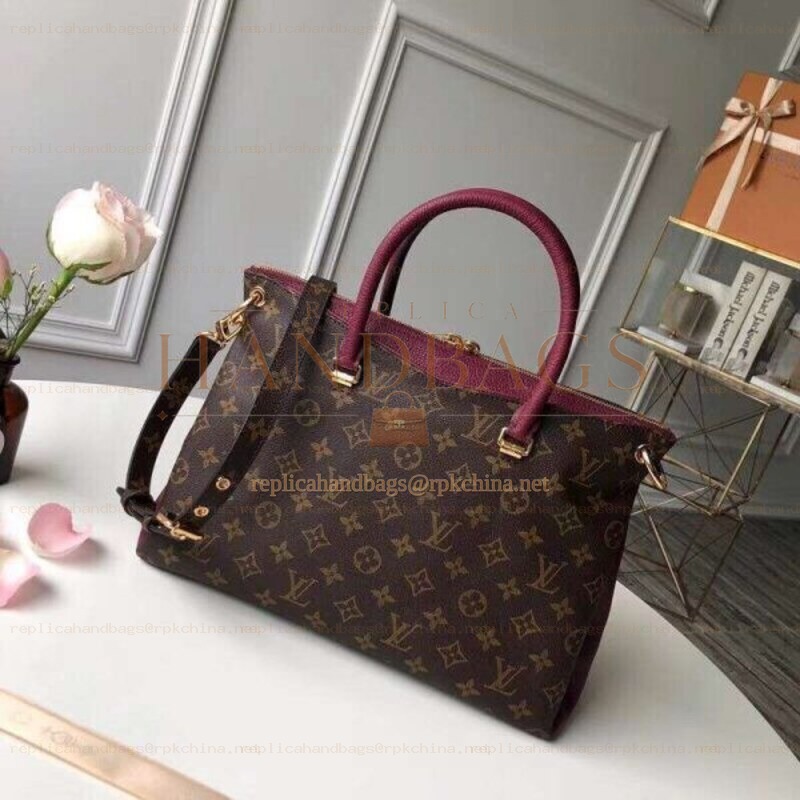 Replica Louis Vuitton Brown Monogram Burgundy Handle Pallas MM