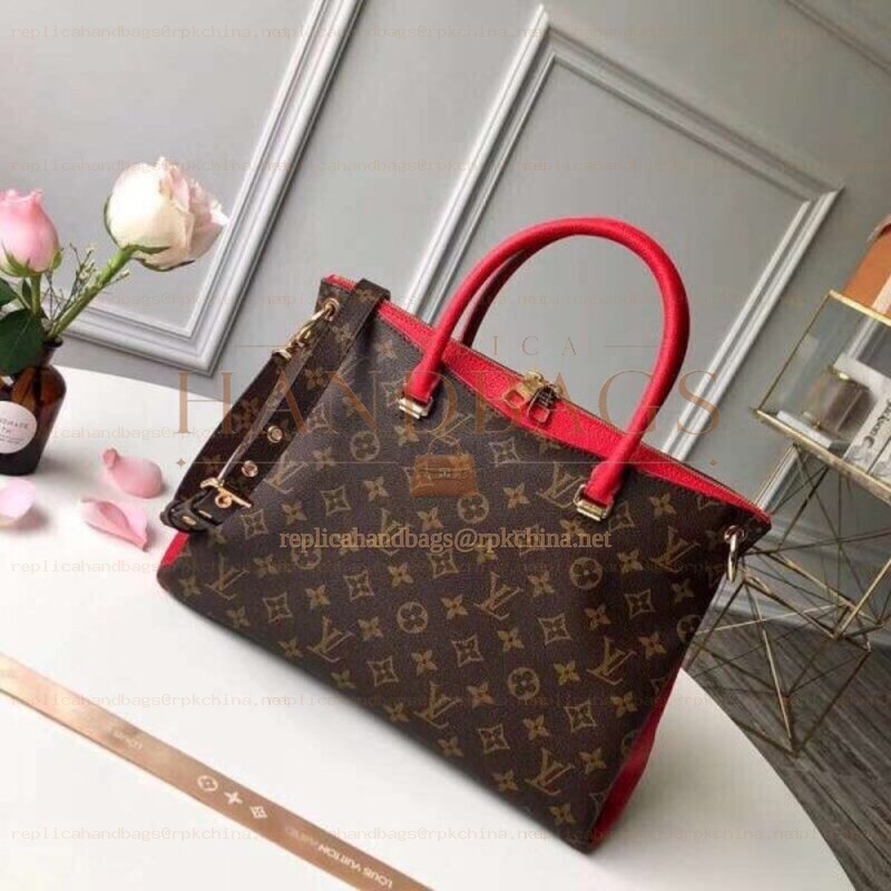 Replica Louis Vuitton Brown Monogram Red Handle Pallas MM