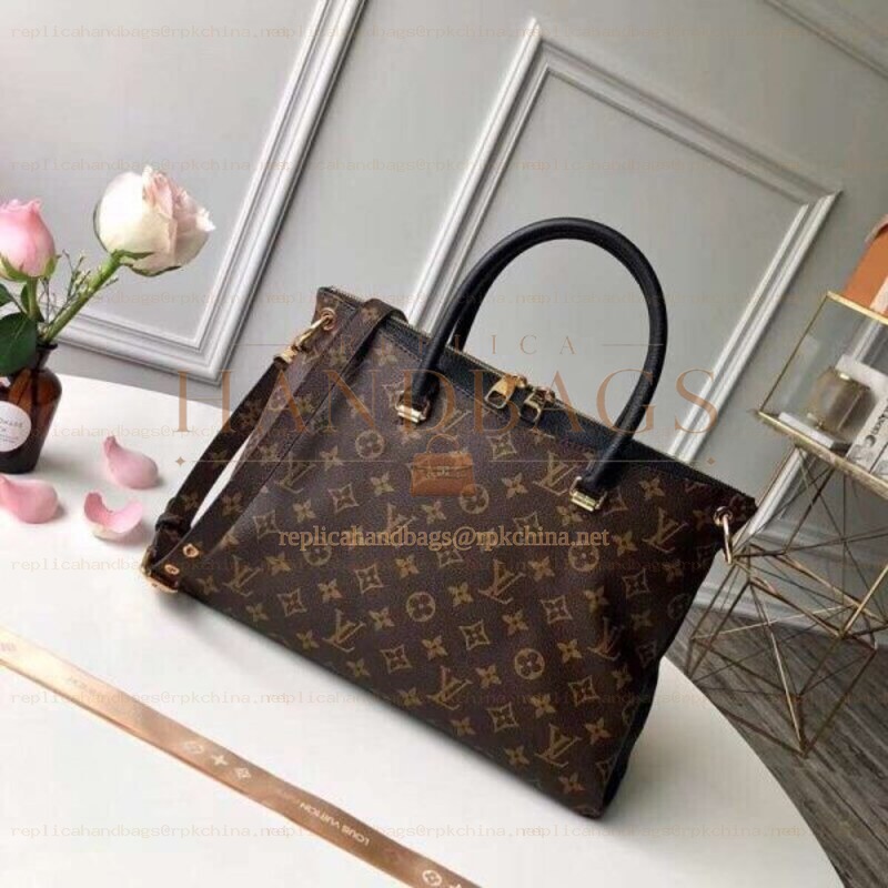 Replica Louis Vuitton Brown Monogram Black Handle Pallas MM