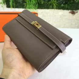 Replica Hermes Taupe Gray Kelly Wallet Gold Hardware