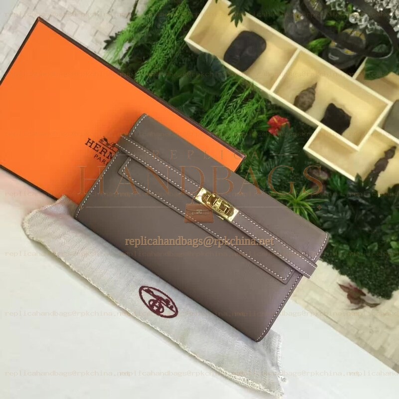Replica Hermes Taupe Gray Kelly Wallet Gold Hardware
