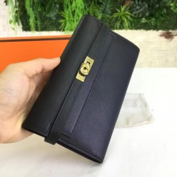 Replica Hermes Black Kelly Wallet Gold Hardware