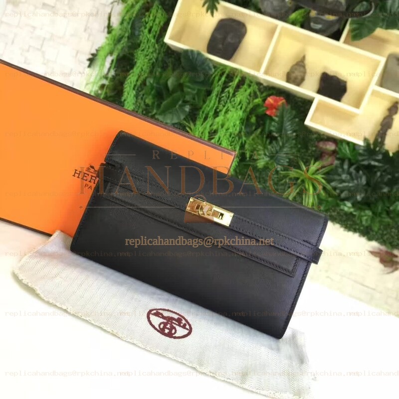 Replica Hermes Black Kelly Wallet Gold Hardware