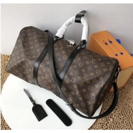 Replica Louis Vuitton Brown Monogram Black Trim Keepall Bandouliere 55