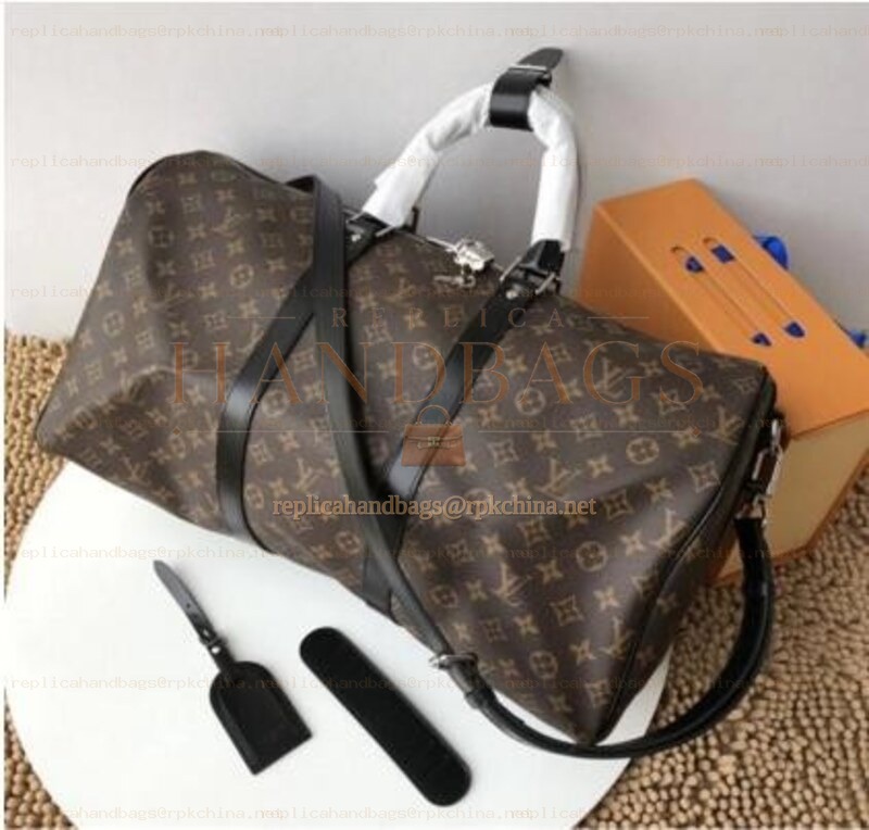 Replica Louis Vuitton Brown Monogram Black Trim Keepall Bandouliere 55